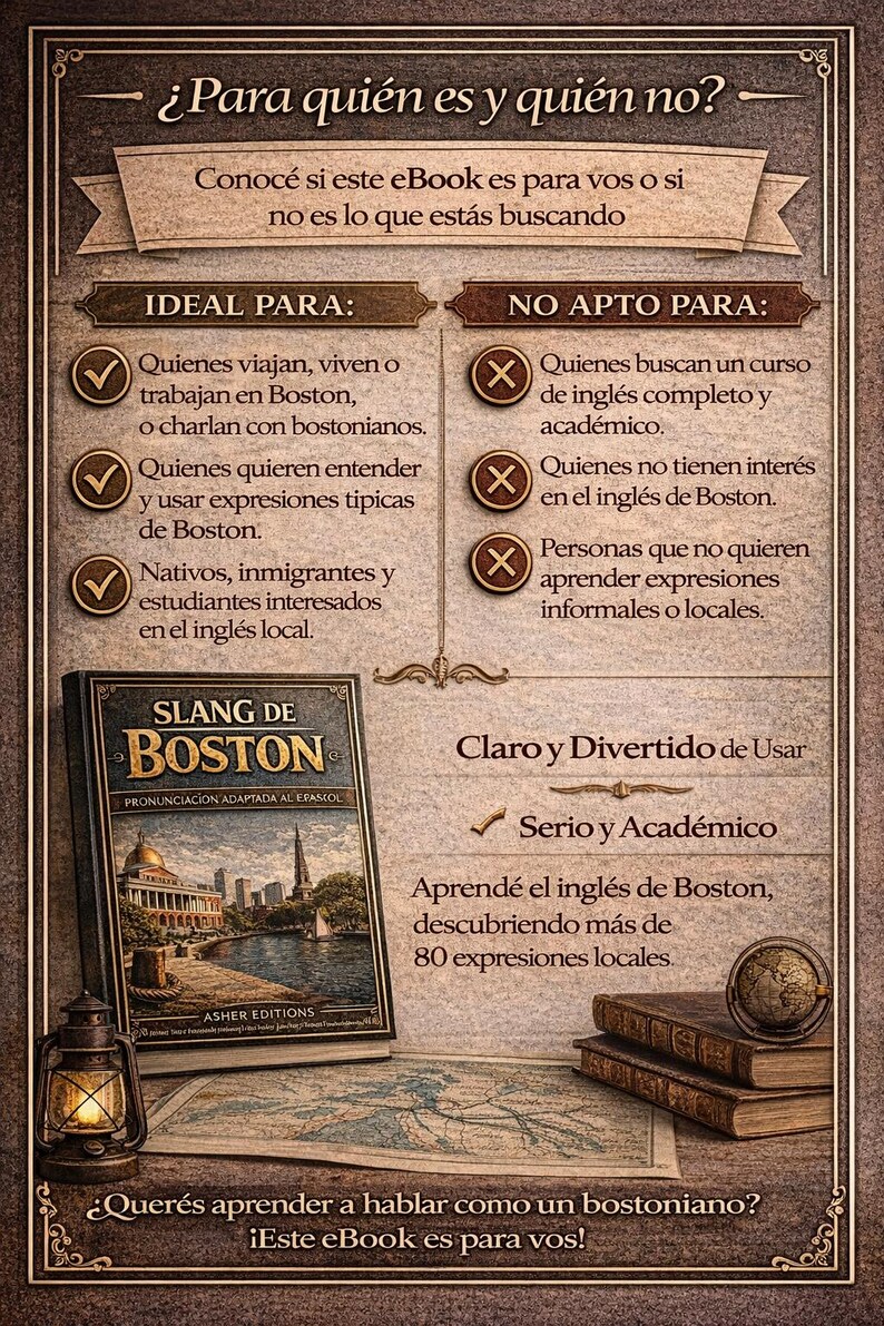 Pu&ograve; includere: Una pubblicit&agrave; per un eBook intitolato "Slang de Boston" con un'immagine di paesaggio urbano. L'annuncio include testo in spagnolo, una mappa, una lanterna e una pila di libri. L'annuncio &egrave; progettato per insegnare lo slang di Boston.