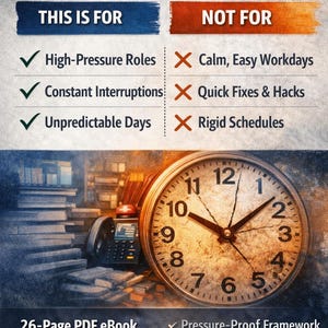 May include: An image with text that reads "WHO THIS IS FOR / NOT FOR". The image includes a clock, a phone, and a list of characteristics. The text highlights the target audience for a product, including those in high-pressure roles and those facing constant interruptions.