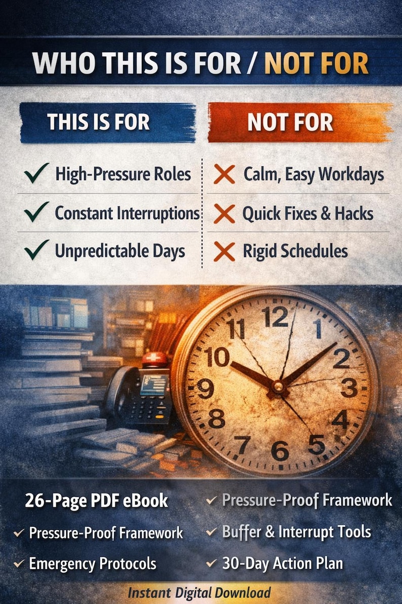 May include: An image with text that reads "WHO THIS IS FOR / NOT FOR". The image includes a clock, a phone, and a list of characteristics. The text highlights the target audience for a product, including those in high-pressure roles and those facing constant interruptions.