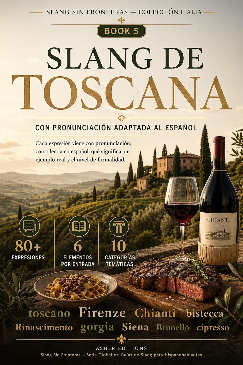 May include: Book cover for "Slang de Toscana" with a Tuscan landscape background. Includes a bottle of Chianti wine, a glass of red wine, pasta, and steak. Text includes "80+ expressions" and "10 thematic categories".