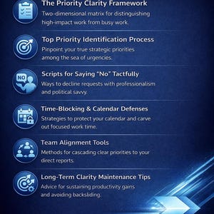 Puede incluir: Gr&aacute;fico azul con el texto "WHAT YOU'LL RECEIVE". Presenta seis puntos clave, cada uno con un t&iacute;tulo y una breve descripci&oacute;n, incluyendo "The Priority Clarity Framework" y "Team Alignment Tools".