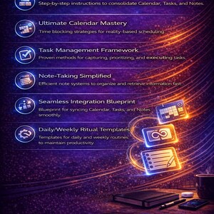 May include: A digital graphic with the text "WHAT YOU'LL RECEIVE" and several bullet points describing a productivity system. The image includes icons and text about calendar, task, and note management, with a call to action to transform chaos into clarity.