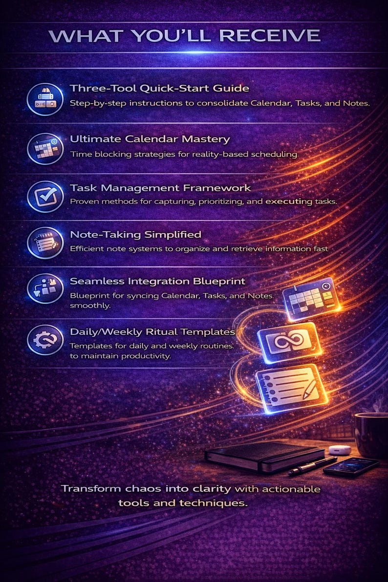 May include: A digital graphic with the text "WHAT YOU'LL RECEIVE" and several bullet points describing a productivity system. The image includes icons and text about calendar, task, and note management, with a call to action to transform chaos into clarity.