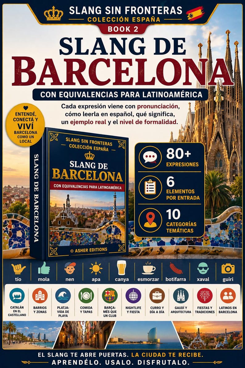 May include: A book cover titled "Slang de Barcelona" with the text "Slang Sin Fronteras" and "Colecci&oacute;n Espa&ntilde;a." The cover features a cityscape and icons representing expressions, categories, and elements. The book is designed to teach slang.