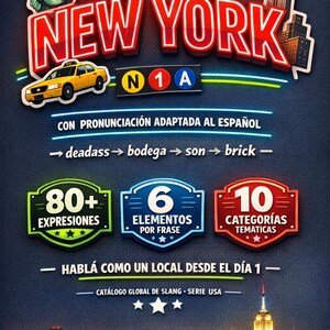 Puede incluir: Imagen promocional de una gu&iacute;a de jerga neoyorquina. El dise&ntilde;o presenta las palabras "SLANG DE NEW YORK" en negrita y coloridas, junto con un taxi amarillo, la Estatua de la Libertad y el Empire State Building. Tambi&eacute;n incluye texto en espa&ntilde;ol.