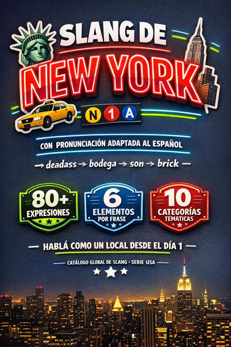 Puede incluir: Imagen promocional de una gu&iacute;a de jerga neoyorquina. El dise&ntilde;o presenta las palabras "SLANG DE NEW YORK" en negrita y coloridas, junto con un taxi amarillo, la Estatua de la Libertad y el Empire State Building. Tambi&eacute;n incluye texto en espa&ntilde;ol.