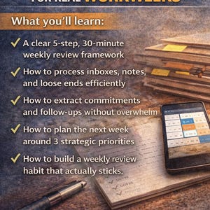 May include: Image of a promotional graphic for a weekly review system. Text includes "WEEKLY REVIEW FOR REAL WORKWEEKS" and "What you'll learn:". A smartphone, pen, and notepad are visible. The image promotes productivity and time management.