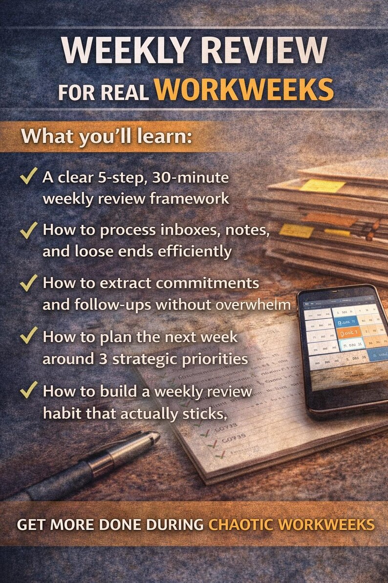 May include: Image of a promotional graphic for a weekly review system. Text includes "WEEKLY REVIEW FOR REAL WORKWEEKS" and "What you'll learn:". A smartphone, pen, and notepad are visible. The image promotes productivity and time management.