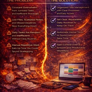 Pode incluir: An&uacute;ncio de um ebook com texto detalhando solu&ccedil;&otilde;es para problemas de fluxo de trabalho. A imagem mostra um laptop, desordem na mesa e texto destacando problemas como tarefas desorganizadas e solu&ccedil;&otilde;es como gerenciamento de tarefas organizado. O texto diz "WHAT THIS EBOOK SOLVES".