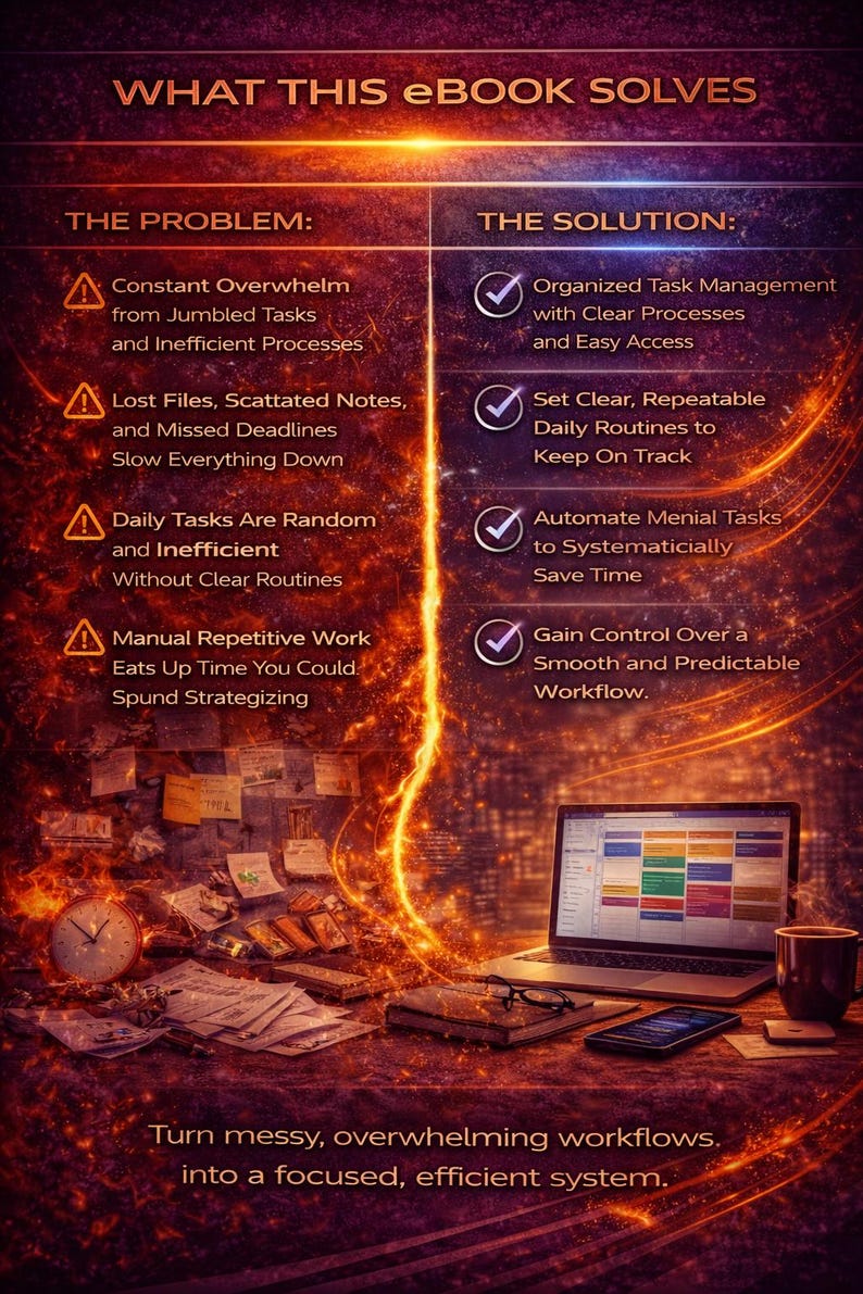 Pode incluir: An&uacute;ncio de um ebook com texto detalhando solu&ccedil;&otilde;es para problemas de fluxo de trabalho. A imagem mostra um laptop, desordem na mesa e texto destacando problemas como tarefas desorganizadas e solu&ccedil;&otilde;es como gerenciamento de tarefas organizado. O texto diz "WHAT THIS EBOOK SOLVES".