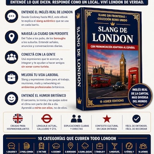 Puede incluir: Un ebook titulado "Slang de London" con una portada azul marino, que presenta el horizonte de Londres. El libro promete ense&ntilde;ar la jerga londinense aut&eacute;ntica e incluye categor&iacute;as como pubs, humor y vida laboral. El libro est&aacute; dise&ntilde;ado para hispanohablantes.