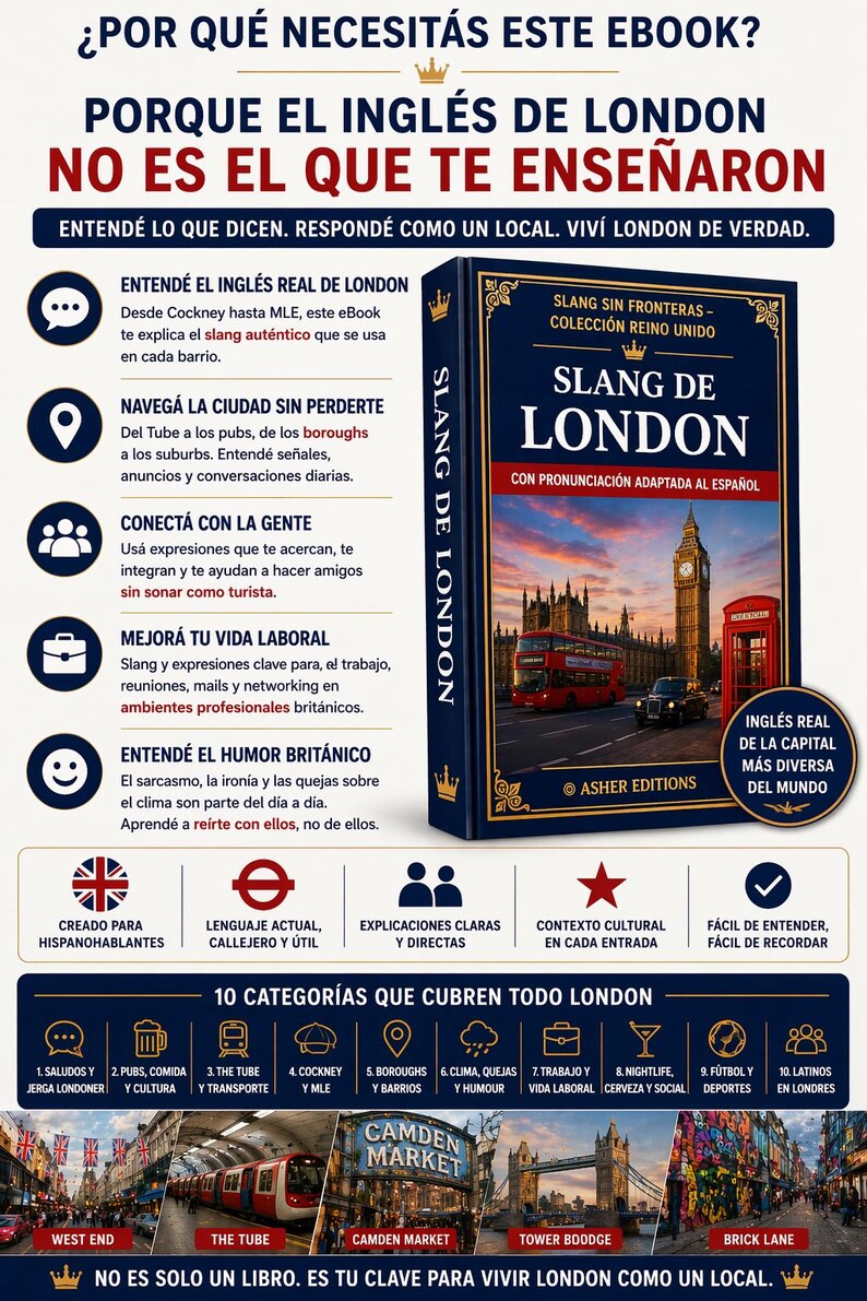 Puede incluir: Un ebook titulado "Slang de London" con una portada azul marino, que presenta el horizonte de Londres. El libro promete ense&ntilde;ar la jerga londinense aut&eacute;ntica e incluye categor&iacute;as como pubs, humor y vida laboral. El libro est&aacute; dise&ntilde;ado para hispanohablantes.