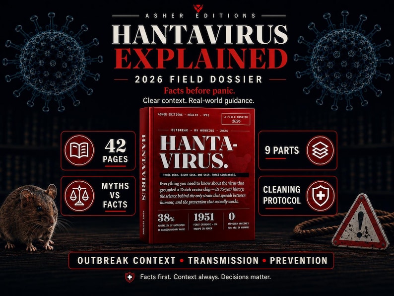 Puede incluir: Portada del libro "Hantavirus Explicado" con el texto "2026 Field Dossier". La portada es roja y blanca, con una ilustraci&oacute;n estilizada del virus. El texto adicional incluye "Hechos antes del p&aacute;nico" y "Contexto claro. Gu&iacute;a del mundo real."