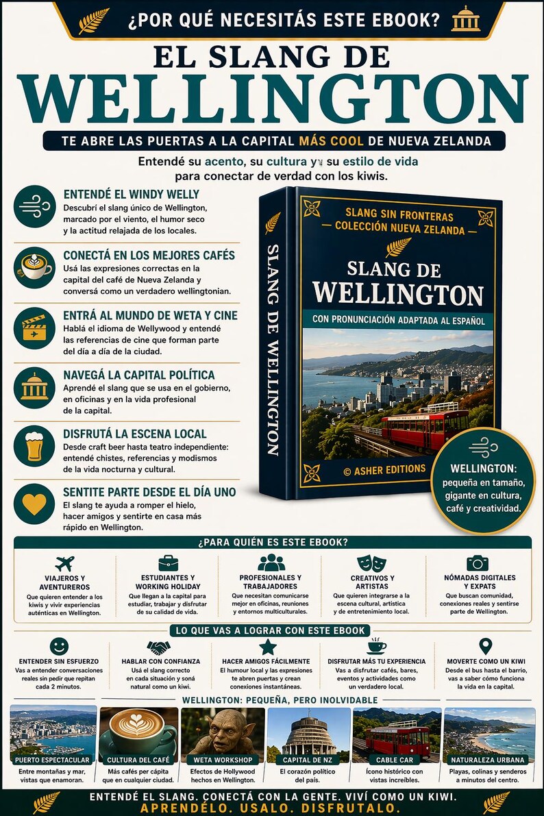 May include: An informational poster titled "El Slang de Wellington" in Spanish, promoting a guide to understanding Wellington slang. The poster features a book cover, city illustrations, and icons representing various aspects of the city.