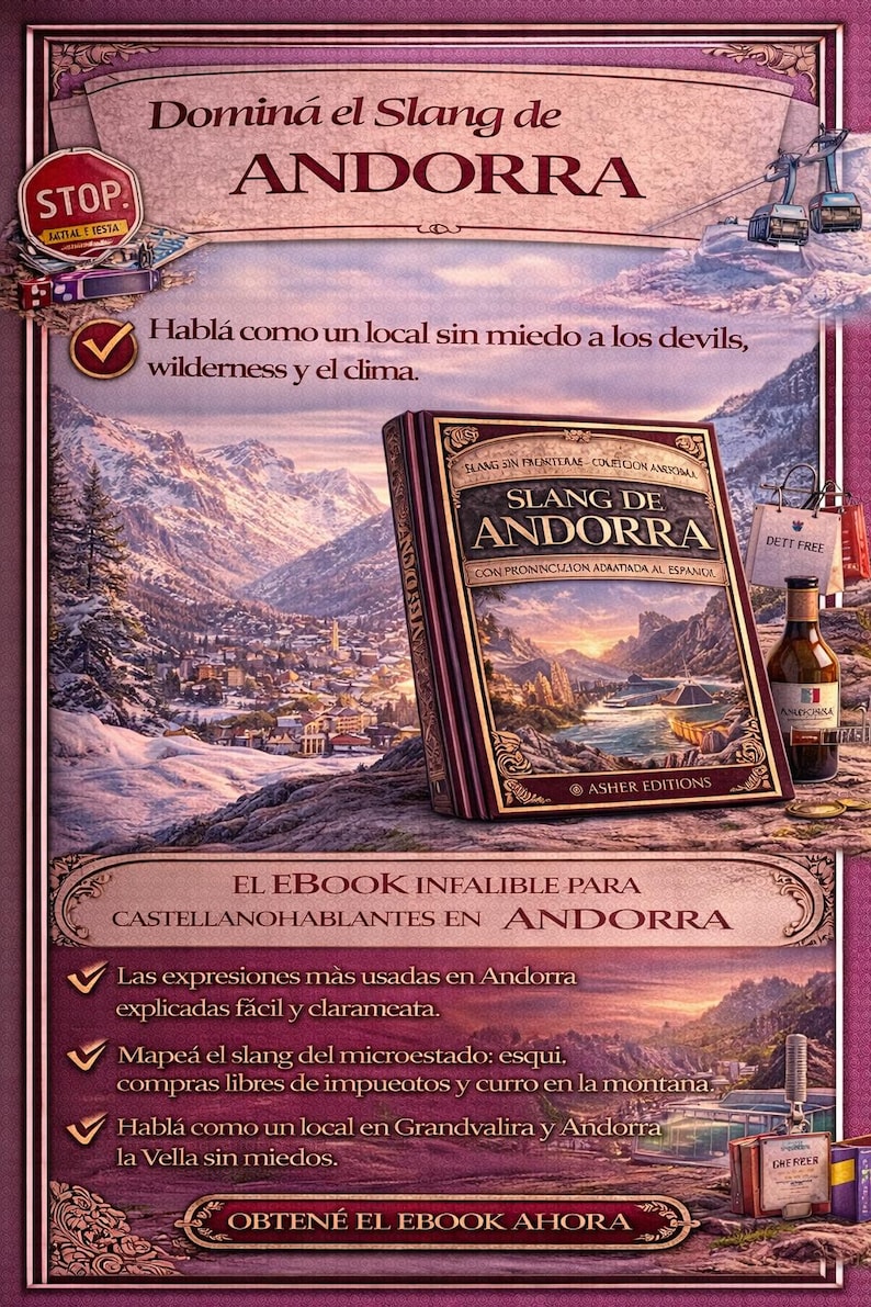 May include: An advertisement for an ebook titled "Slang de Andorra" with a mountain landscape background. The cover of the book is visible, along with a bottle of wine and shopping bags. Text includes "Domina el Slang de Andorra" and "Obten&eacute; el ebook ahora."