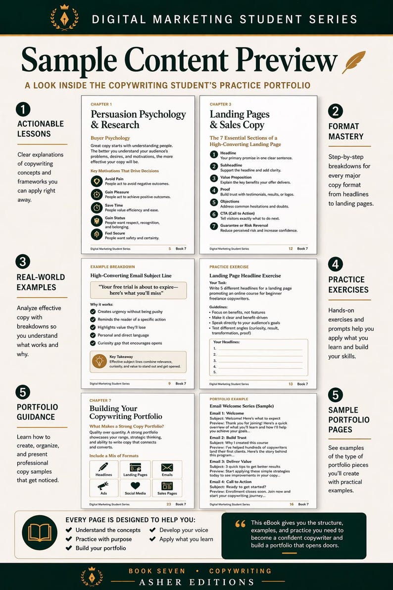 May include: A book from the digital marketing student series, "Sample Content Preview", offering actionable lessons, format mastery, real-world examples, practice exercises, and portfolio guidance on copywriting. Includes examples.