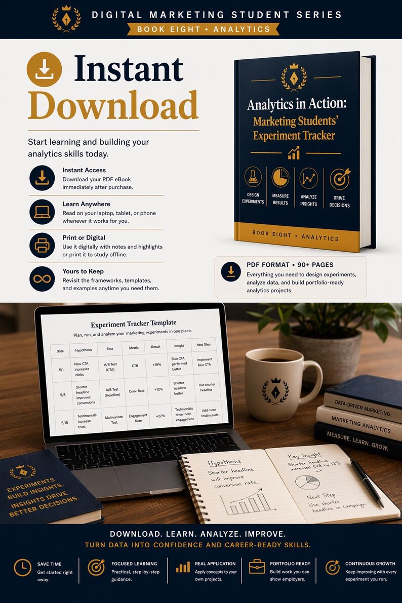 May include: An advertisement for an analytics book and digital marketing course. The image features a laptop displaying an experiment tracker template, a coffee mug, and a notebook with handwritten notes. The book is titled "Analytics in Action".