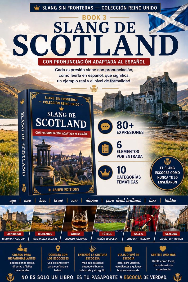 以下が含まれることがあります： スペイン語の「Slang de Scotland」の書籍カバー。シリーズ「Slang Sin Fronteras」の一部。スコットランドの国旗、城のイラスト、発音や例文など、書籍の内容に関する情報が掲載されています。
