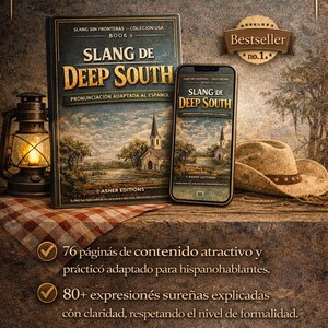 Puede incluir: Imagen de un libro y un smartphone con el t&iacute;tulo "Slang de Deep South". El libro y el tel&eacute;fono muestran la misma portada, una escena de iglesia. Tambi&eacute;n se ven un sombrero de vaquero y una linterna.