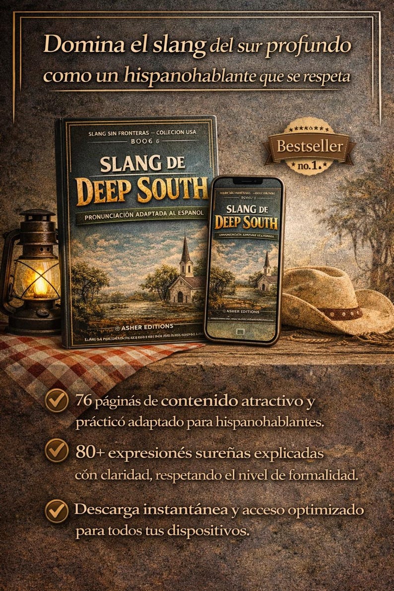 Puede incluir: Imagen de un libro y un smartphone con el t&iacute;tulo "Slang de Deep South". El libro y el tel&eacute;fono muestran la misma portada, una escena de iglesia. Tambi&eacute;n se ven un sombrero de vaquero y una linterna.