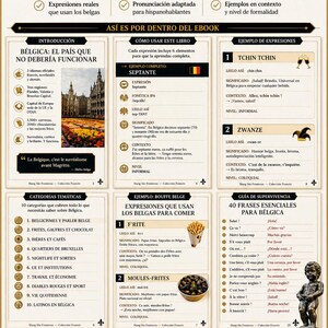 May include: The cover of a book, "Slang de B&eacute;lgica", features a Belgian flag and crown. Text in French and Spanish accompanies images of fries, mussels, and a city view. The book is a guide to Belgian slang, with 27 pages of content.