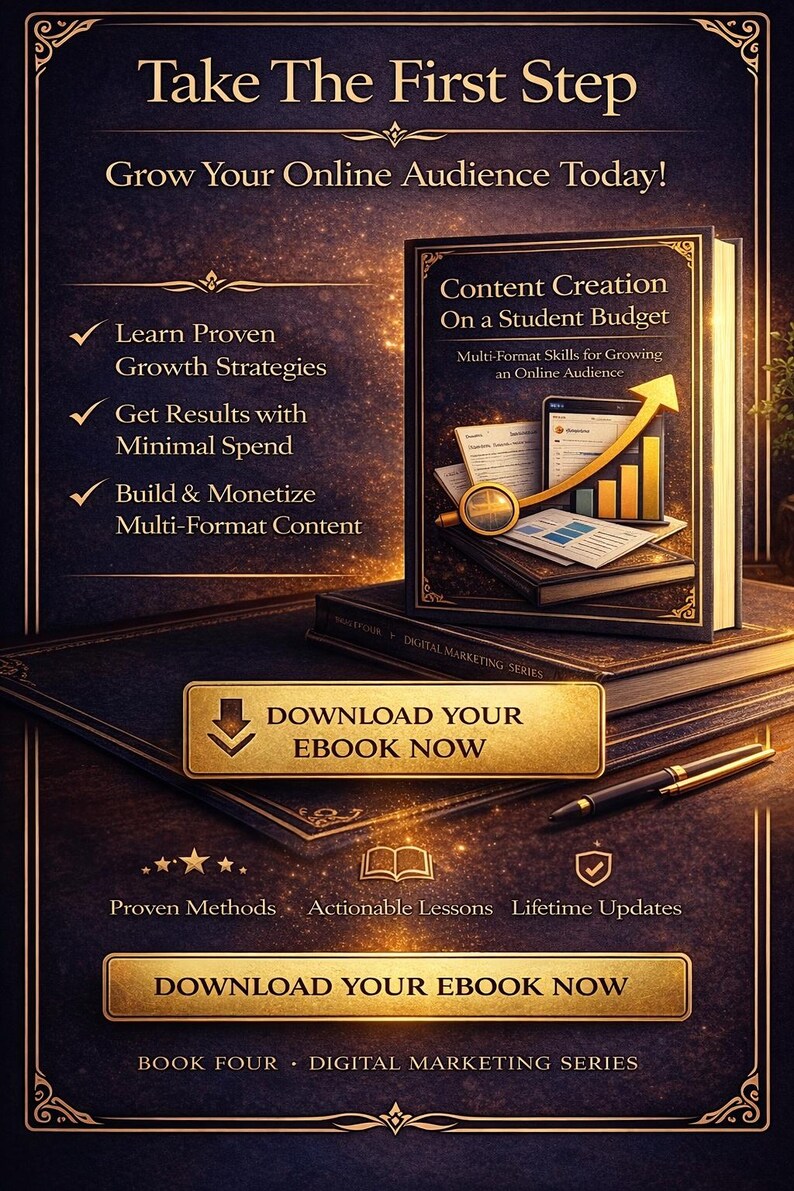 May include: An image promoting an ebook on content creation. The cover of the book reads "Content Creation On a Student Budget." Gold text on a dark background reads "Take The First Step" and "Download Your Ebook Now."