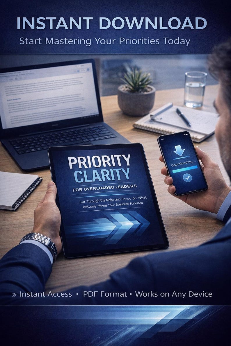 Puede incluir: Imagen de una tableta y un tel&eacute;fono inteligente que muestran una descarga digital. La tableta muestra "PRIORITY CLARITY" para l&iacute;deres. El tel&eacute;fono muestra una barra de progreso de descarga. El texto "INSTANT DOWNLOAD" est&aacute; en la parte superior.