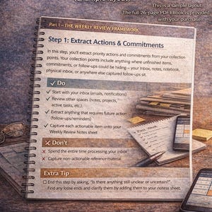 May include: A spiral-bound notebook with the title "SAMPLE CONTENT PREVIEW" and the text "Part 1 - THE WEEKLY REVIEW FRAMEWORK." The page includes a checklist with the heading "Step 1: Extract Actions & Commitments." The image also shows a smartphone and a notepad.
