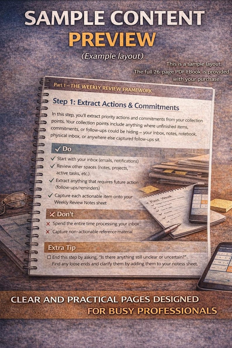 May include: A spiral-bound notebook with the title "SAMPLE CONTENT PREVIEW" and the text "Part 1 - THE WEEKLY REVIEW FRAMEWORK." The page includes a checklist with the heading "Step 1: Extract Actions & Commitments." The image also shows a smartphone and a notepad.