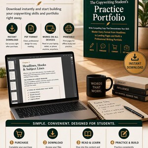 May include: Image featuring a laptop with copywriting content, a black mug with "WORDS THAT WORK," and a book titled "The Copywriting Student's Practice Portfolio." The image promotes instant access to copywriting skills and portfolio building.