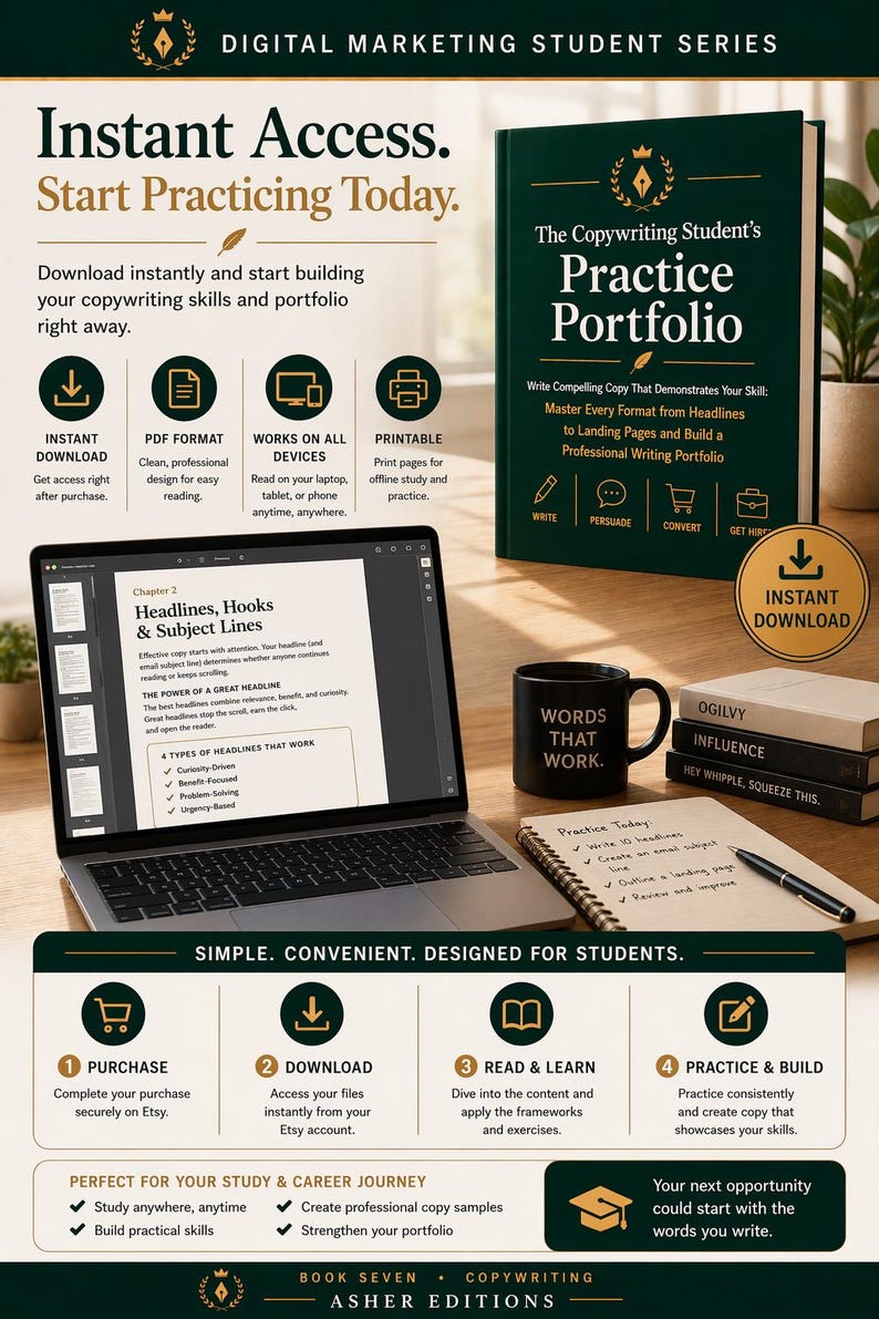 May include: Image featuring a laptop with copywriting content, a black mug with "WORDS THAT WORK," and a book titled "The Copywriting Student's Practice Portfolio." The image promotes instant access to copywriting skills and portfolio building.
