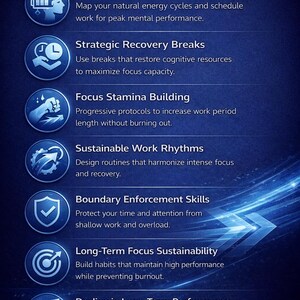 May include: A dark blue graphic with white text that reads "WHAT YOU WILL LEARN." Below are seven bullet points with titles like "Energy-First Focus Framework" and "Strategic Recovery Breaks," each with a brief description. The image has a modern, professional design.