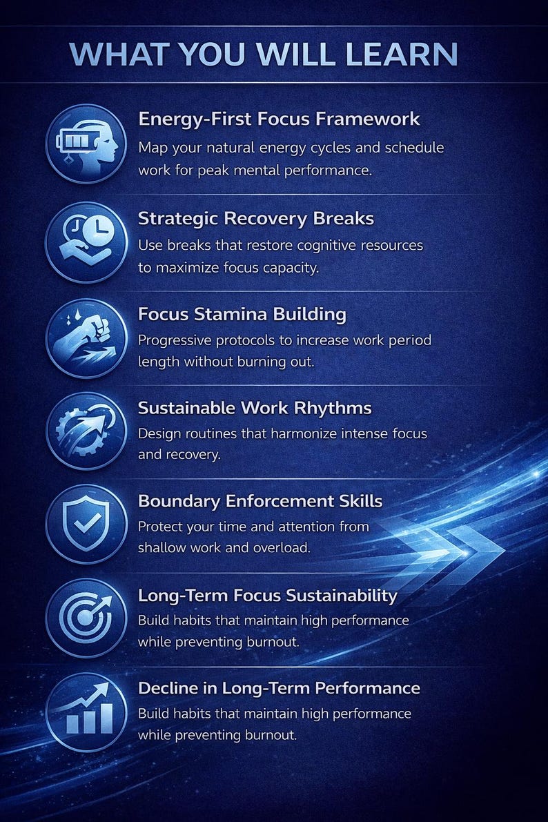 May include: A dark blue graphic with white text that reads "WHAT YOU WILL LEARN." Below are seven bullet points with titles like "Energy-First Focus Framework" and "Strategic Recovery Breaks," each with a brief description. The image has a modern, professional design.