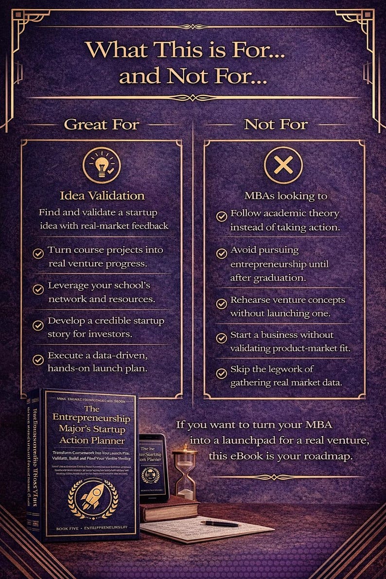 May include: An image promoting an entrepreneurship eBook, "The Entrepreneurship Major's Startup Action Planner." The image shows a dark blue book with gold detailing, a list of "Great For" and "Not For" points, and an hourglass. The text reads "What This is For... and Not For..."