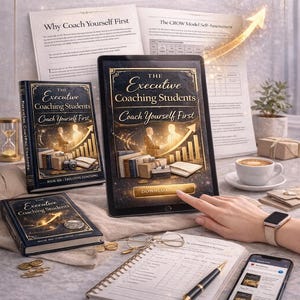 May include: An image promoting an instant download of executive coaching materials. The image features a tablet, books, and documents with the title "The Executive Coaching Students Coach Yourself First." A hand is touching the tablet screen. The image also includes a cup of coffee and a smartphone.