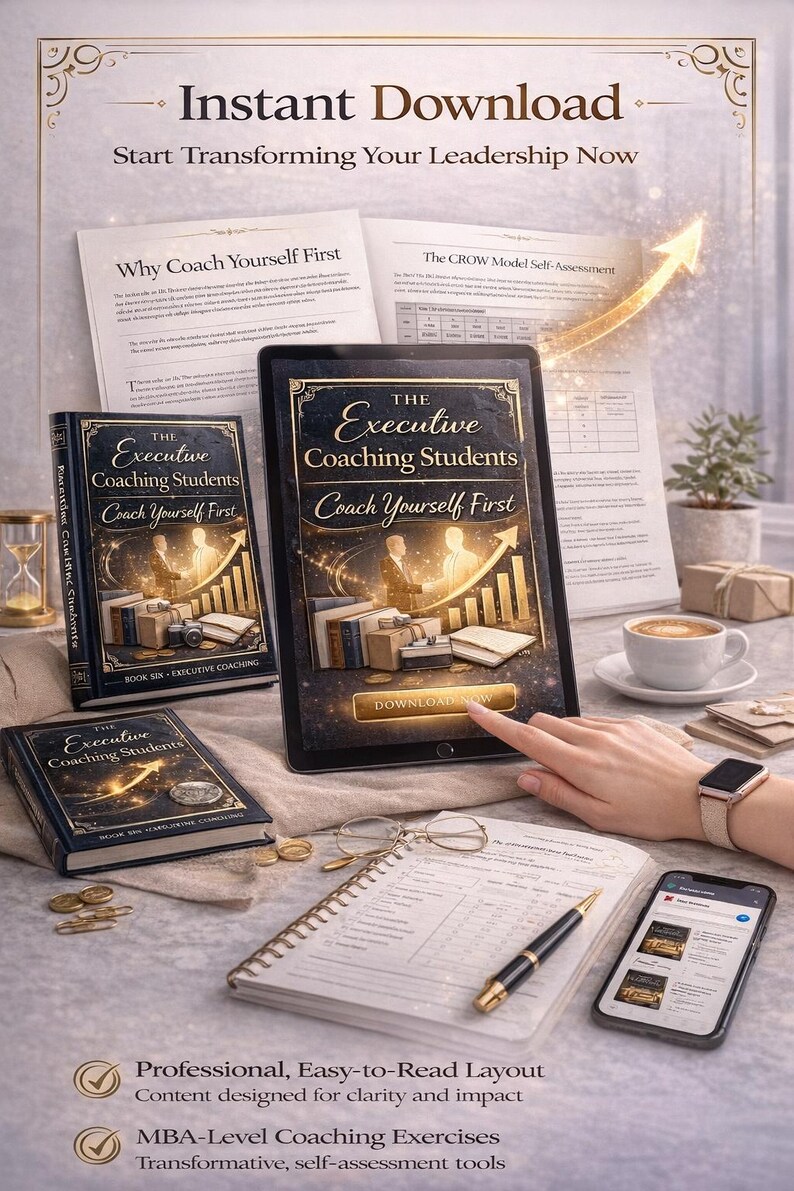 May include: An image promoting an instant download of executive coaching materials. The image features a tablet, books, and documents with the title "The Executive Coaching Students Coach Yourself First." A hand is touching the tablet screen. The image also includes a cup of coffee and a smartphone.