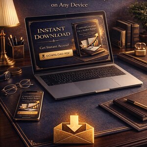 May include: A laptop and smartphone display the words "INSTANT DOWNLOAD" and "Content Creation On a Student Budget." A gold envelope with a downward arrow sits on a desk. The image promotes immediate access to an eBook.
