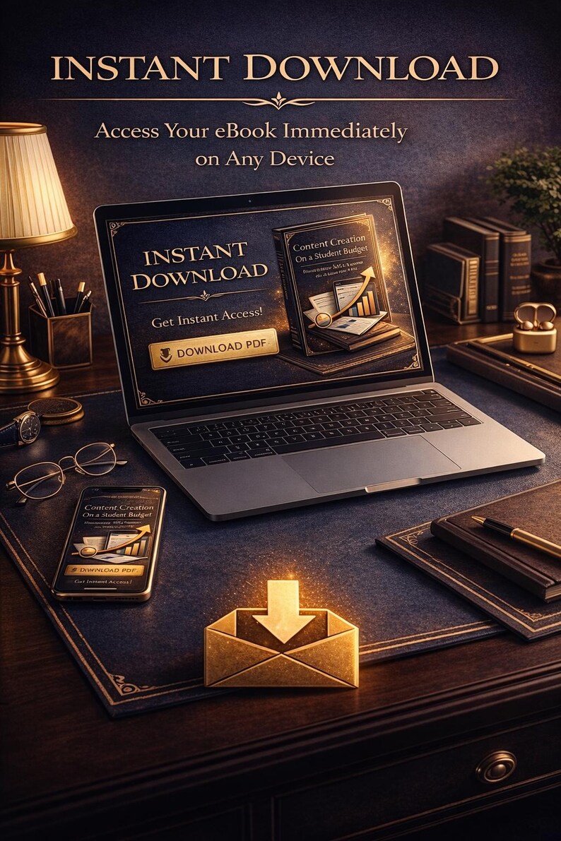 May include: A laptop and smartphone display the words "INSTANT DOWNLOAD" and "Content Creation On a Student Budget." A gold envelope with a downward arrow sits on a desk. The image promotes immediate access to an eBook.