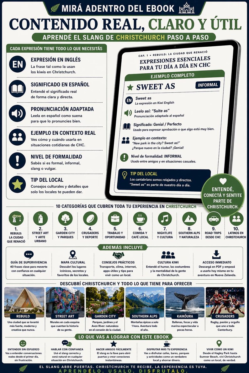 May include: An ebook cover with the title "Mir&aacute; Adentro Del Ebook" and the subtitle "Contenido Real, Claro y &Uacute;til". It features information about Christchurch slang, with examples and categories for learning.