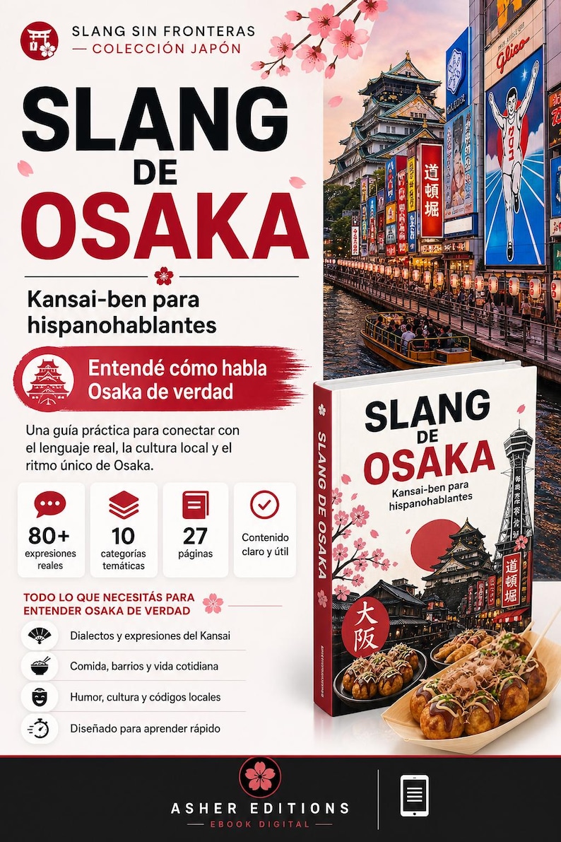 May include: The cover of a book titled "Slang de Osaka", with the title in red. The book, aimed at Spanish speakers, promises to teach Kansai-ben. The cover includes Japanese text and illustrations of Osaka landmarks.
