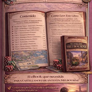 K&ouml;nnte beinhalten: Ein offenes Buch mit dem Titel "Slang de Melbourne" und ein Einband desselben Buches werden angezeigt. Die Seiten des Buches zeigen Inhalte und eine Karte. Pokerkarten, W&uuml;rfel und Geld sind um das Buch herum verstreut.