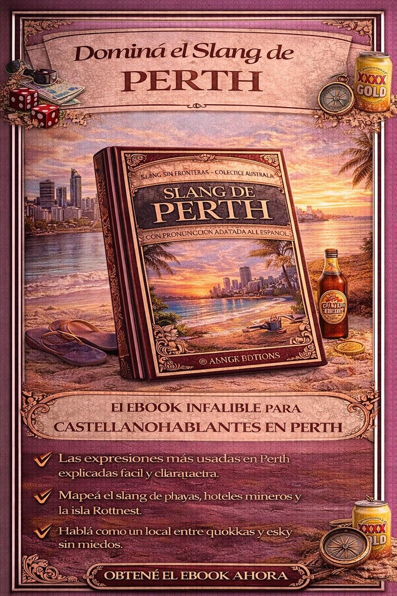 May include: An illustrated book titled "Slang de Perth" with a beach scene, beer, and a can of beer. The book cover features the text "Slang de Perth" and "Slang Sin Fronteras - Colectice Australia".
