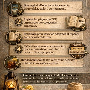 Puede incluir: Infograf&iacute;a en espa&ntilde;ol titulada "C&oacute;mo usar este eBook", que detalla los pasos para aprender la jerga sure&ntilde;a. Incluye im&aacute;genes de un libro, un tel&eacute;fono y una bebida. Tambi&eacute;n se presenta un sombrero de vaquero y una linterna.