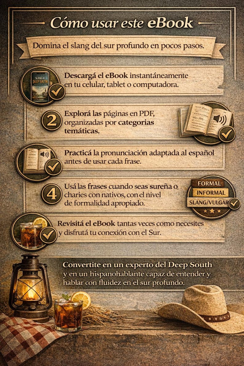 Puede incluir: Infograf&iacute;a en espa&ntilde;ol titulada "C&oacute;mo usar este eBook", que detalla los pasos para aprender la jerga sure&ntilde;a. Incluye im&aacute;genes de un libro, un tel&eacute;fono y una bebida. Tambi&eacute;n se presenta un sombrero de vaquero y una linterna.