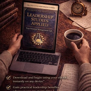 Puede incluir: Ordenador port&aacute;til que muestra la portada del libro electr&oacute;nico "LEADERSHIP STUDIES APPLIED". La imagen incluye una taza de caf&eacute;, un reloj antiguo y el texto: "Descarga instant&aacute;nea, impacto inmediato". El libro electr&oacute;nico promete beneficios de liderazgo.