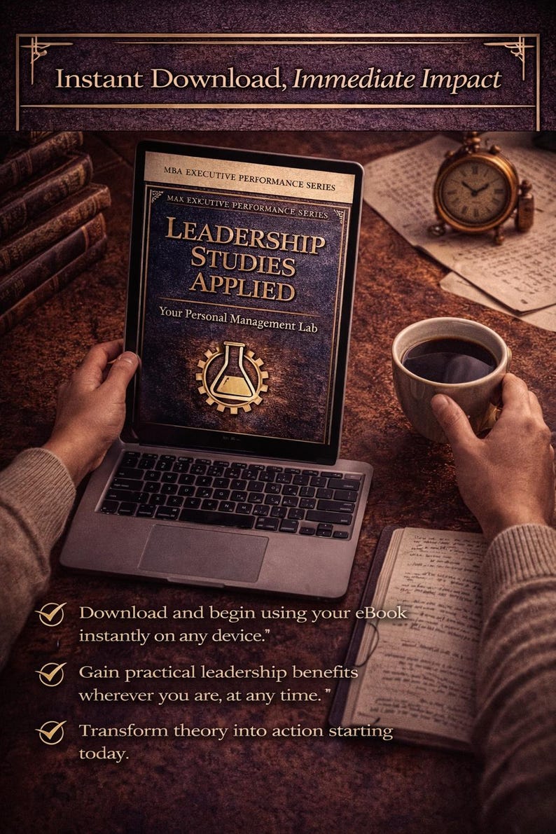 Puede incluir: Ordenador port&aacute;til que muestra la portada del libro electr&oacute;nico "LEADERSHIP STUDIES APPLIED". La imagen incluye una taza de caf&eacute;, un reloj antiguo y el texto: "Descarga instant&aacute;nea, impacto inmediato". El libro electr&oacute;nico promete beneficios de liderazgo.