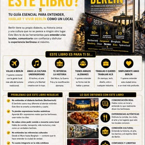 May include: A book cover titled "Slang de Berlin" with the subtitle "Your essential guide to understanding, speaking, and living Berlin like a local." The cover features the Berlin skyline and the Brandenburg Gate.