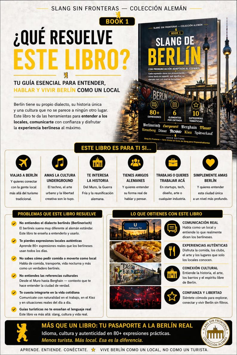 May include: A book cover titled "Slang de Berlin" with the subtitle "Your essential guide to understanding, speaking, and living Berlin like a local." The cover features the Berlin skyline and the Brandenburg Gate.