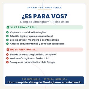 Pode incluir: Uma infografia digital intitulada Slang Sin Fronteras com a pergunta Es para vos? sobre a g&iacute;ria de Birmingham. Lista crit&eacute;rios para leitores com marcas de verifica&ccedil;&atilde;o verdes e exclus&otilde;es com x vermelhos, terminando com PDF imprimible.