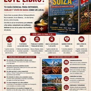 May include: A book titled "Slang de Suiza" with a red and white Swiss flag on the cover. The book promises to teach the reader how to speak, understand, and live in Switzerland like a local, with over 80 expressions.